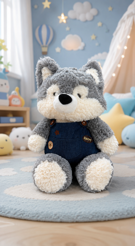 Forest Wolf Plush – Denim Overalls – 50 cm